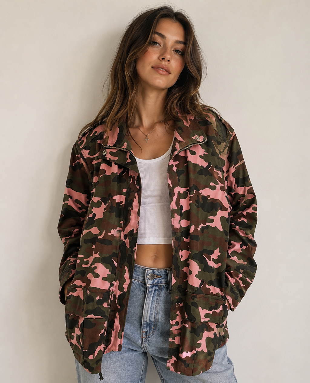 Pink Camo Utility Jacket – Oversized Military-Inspired Statement Piece